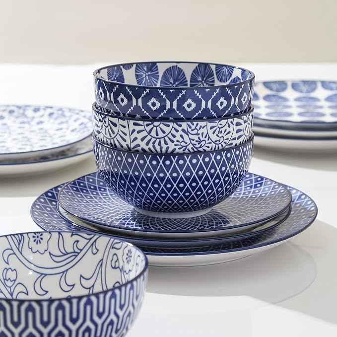 Selamica Ceramic Dinnerware Sets for 6, 24 Piece Plates and Bowls Sets, Scratch Resistant Dishes Set-Dishwasher & Microwave & Oven Safe, Vintage Blue