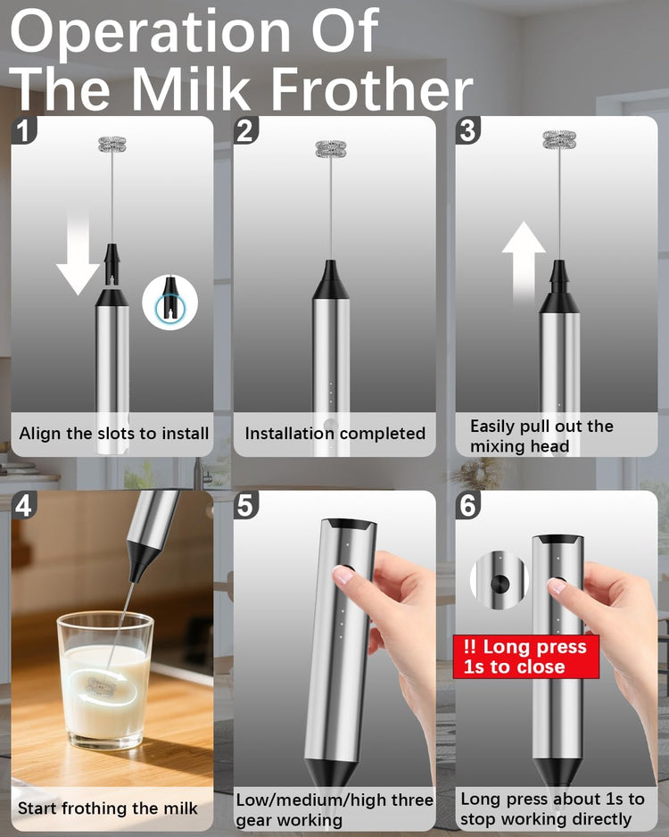 Rechargeable Milk Frother with Stand, Electric Frother Wand Handheld Coffee Foam Maker Detachable Stainless Steel Whisk Drink Mixer Foamer for Latte, Cappuccino, Hot Chocolate, Egg (Silver)