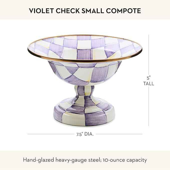 MACKENZIE-CHILDS Enamel Compote, Pedestal Serving Dish or Decorative Bowl, Small, Purple-and-White Violet Check