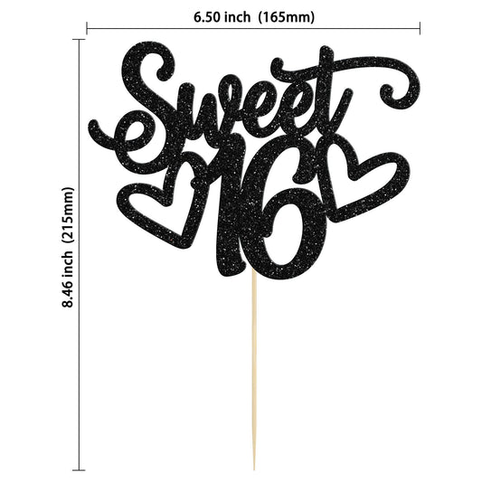 1Pc Sweet Teenager 16 Cake Topper Glitter 16th Birthday Cake Pick for Cheers to 16 Years Old 16th Birthday Party Cake Decorations Supplies Black