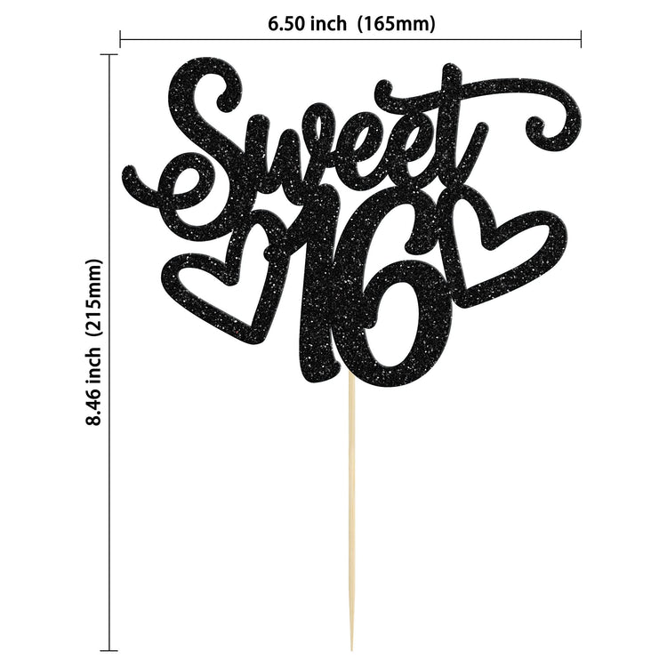 1Pc Sweet Teenager 16 Cake Topper Glitter 16th Birthday Cake Pick for Cheers to 16 Years Old 16th Birthday Party Cake Decorations Supplies Black