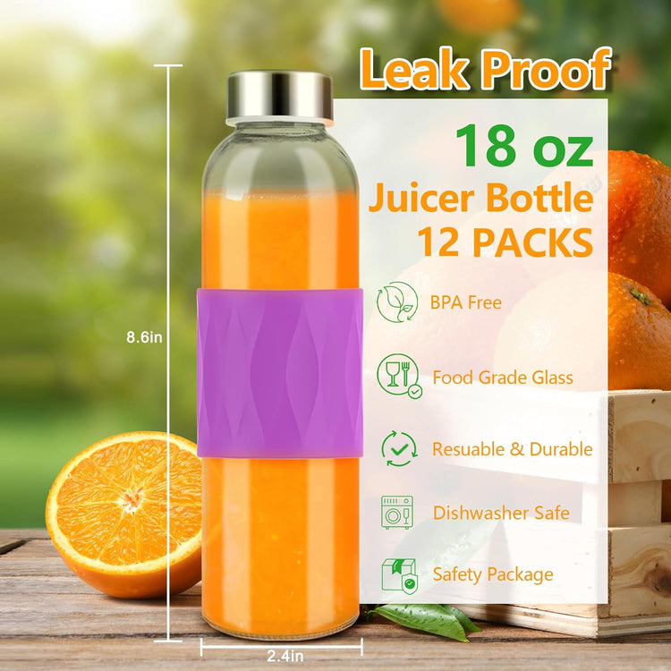 Zukro Glass Water Bottles with Lids 18 oz, Reusable Clear Juice Bottles Stainless Steel Airtight Cap for Juicing, 100% Leak Proof Juice Drinking Jar With Sleeve for Refrigerator, BPA Free, Set of 12