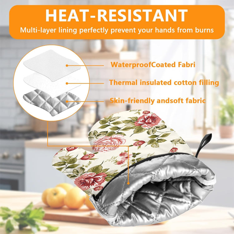 Red Rose Oven Mitts and Pot Holders Sets 4Pcs,Extra Long Oven Gloves Potholder for Kitchen Cooking Baking BBQ 100% Cotton Heat Resistant