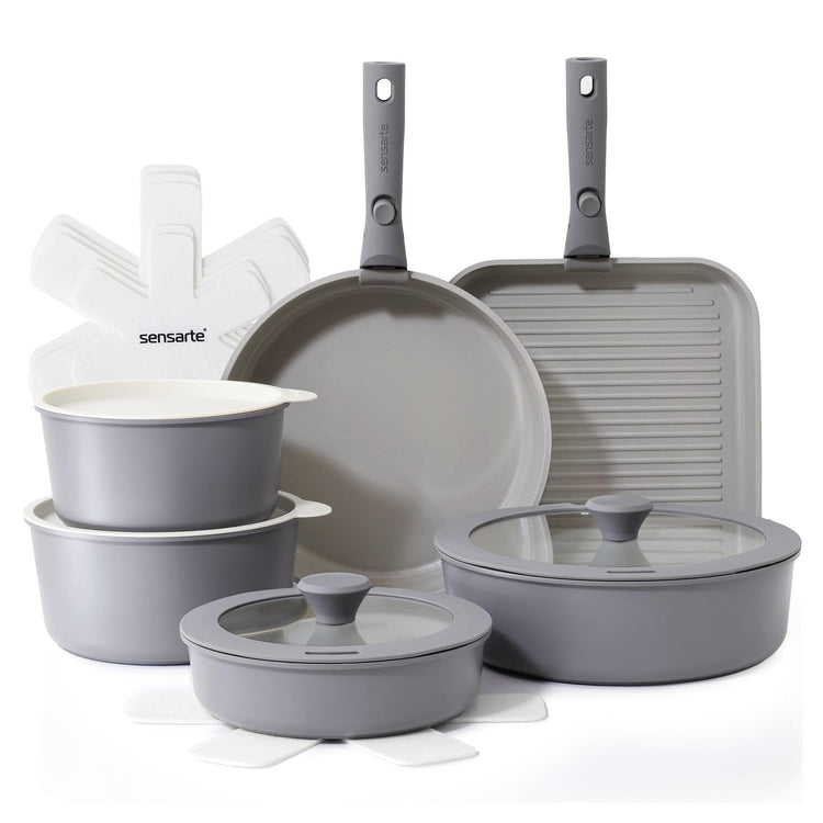17 Piece Ceramic Detachable Handle Pots and Pans Set Gray