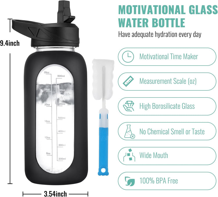 CIVAGO 32 oz Glass Water Bottle with Straw and Handle, Large Sports Motivational Water Bottle Flask with Time Marker and 2 Lids, Leakproof Water Jug Canteen with Silicone Sleeve for Gym,Red