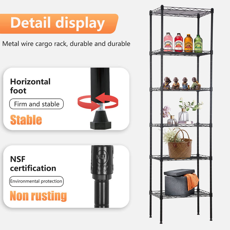 6 Tier Wire Shelving 17L x 12W x 64H Pantry Shelves Storage Rack Shelving Units Adjustable Metal Shelves for Kitchen Commercial Garage Small Places