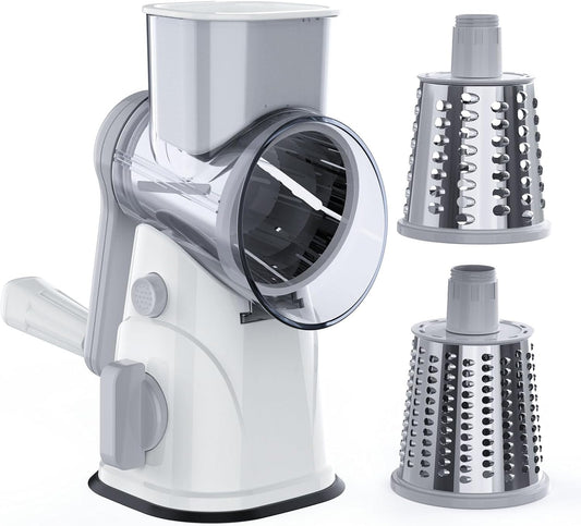 RAINBEAN Rotary Cheese Grater for Kitchen, Hand Crank Cheese Shredder with 3 Interchangeable Blades, Rotary Grater with Handle and Strong Suction Base, for Vegetables, Fruit, Nuts