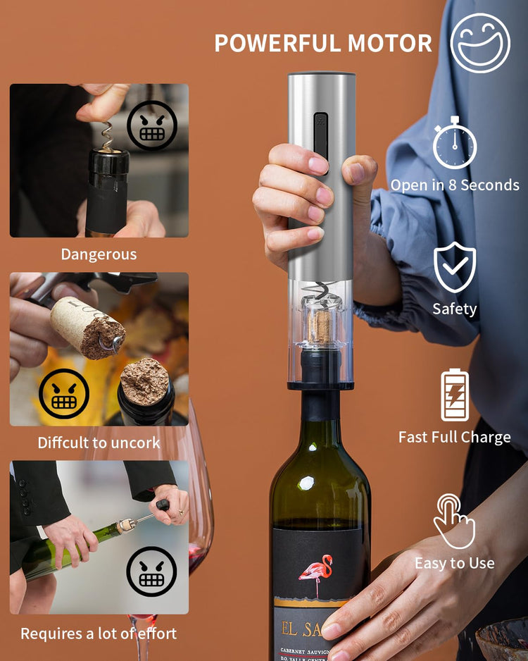 6-in-1 Electric Wine Opener Set Rechargeable Stainless Steel Wine Opener Gift Set with Foil Cutter, Rechargeable & Manual Wine Aerator Pourers, Vacuum Wine Stopper and Storage Base, Silver (6 Count)