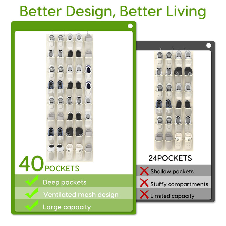 Over the Door Shoe Organizer with 40 Large Breathable Mesh Pockets