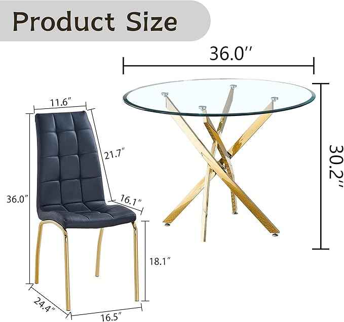 5 Piece Round Glass Dining Table Set, Round Tempered Glass Kitchen Table Set for 4, Modern Table Set with 4 High-Back Upholstered Chairs for Kitchen Dining Room (Gold Legs, 4 Black Chairs)