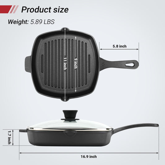 10.5 Inch Cast Iron Square Grill Pan with Tempered Glass Lid