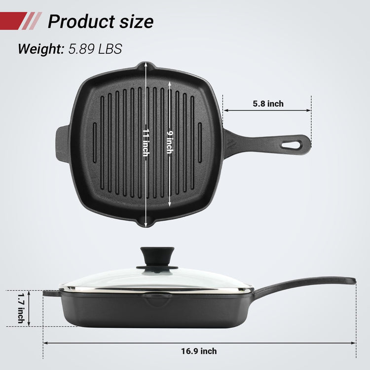 10.5 Inch Cast Iron Square Grill Pan with Tempered Glass Lid