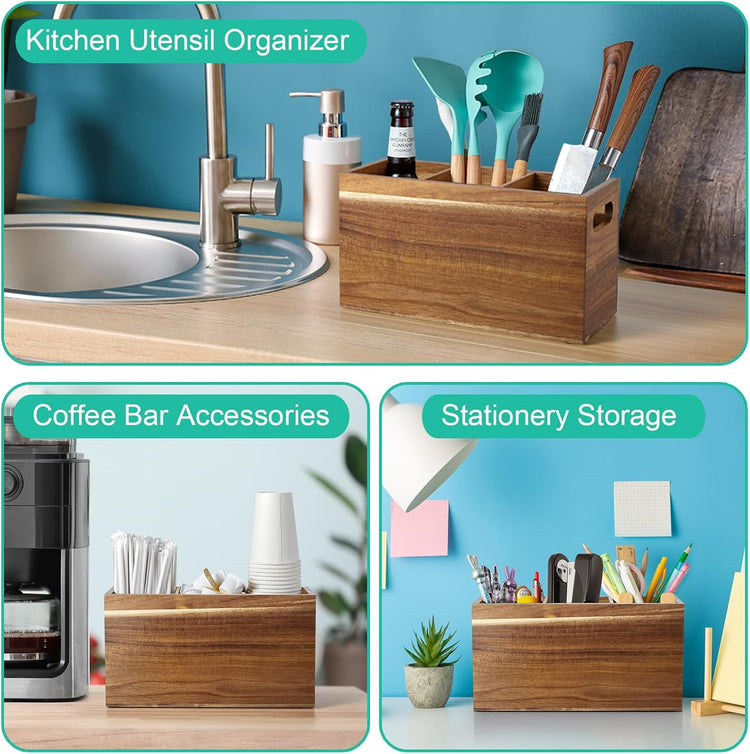 ALELION Acacia Wood Utensil Holder Organizer for Counter - Large Wooden Utensil Caddy for Countertop - 3 Compartment Cooking Tool Holder for Spatula - for Farmhouse Kitchen Decor and Accessories