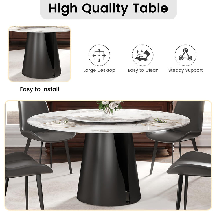 59" Modern Artificial Marble Round Dining Table with Black Carbon Steel Base & 31.5" White Sintered Stone Turntable