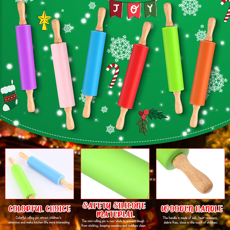 6 Pcs Small Rolling Pin Kids 12 Inch Mini Silicone Rolling Pin for Baking Non Stick Kids Dough Roller with Wooden Handle for Kitchen Cookie Pastry Fondant Cake 6 Colors