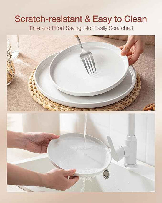 Famiware Milkyway Stoneware Dinnerware Sets with Mugs, Service for 4 (16pcs), Plates and Bowls Sets, Scratch Resistant, Microwave and Dishwasher Safe Dishes Set, White