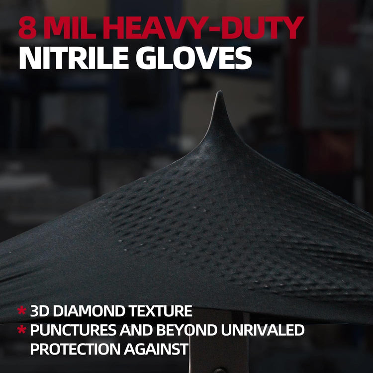 Jointown Basic Heavy Duty Nitrile Gloves, Mechanic Gloves 8 Mil Nitrile Disposable, with Raised Diamond Texture, Case of 1000, Black, Medium