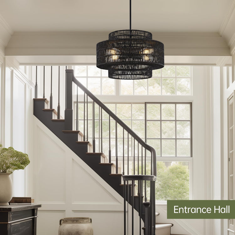 17.7" Black Rattan Chandelier for Dining Room