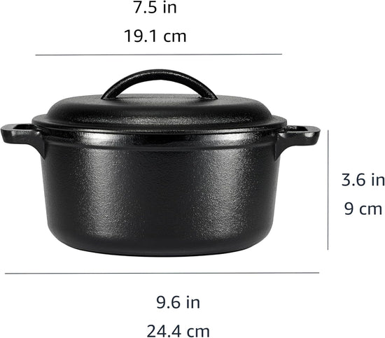 Amazon Basics Round Pre-Seasoned Cast Iron Mini Dutch Oven Pot with Lid and Dual Handles, 2-Quart, Black - Nestoria