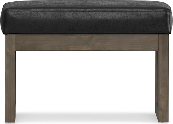 SIMPLIHOME Milltown Small Ottoman Bench - 27 inch Wide Upholstered Vegan Leather Rectangle Footstool Ottoman in Distressed Black, Contemporary Bench for Bedroom with Cushioned Seat, Assembled