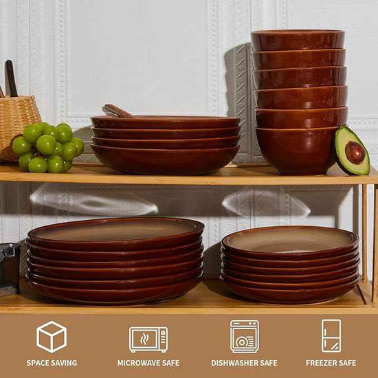 Stoneware Dinnerware Set Service for 4, 12 pcs Reactive Glaze Plates and Bowls Sets, Handmade Round Dishes Set, Highly Chip and Crack Resistant Modern Plate Set, Brown Yellow