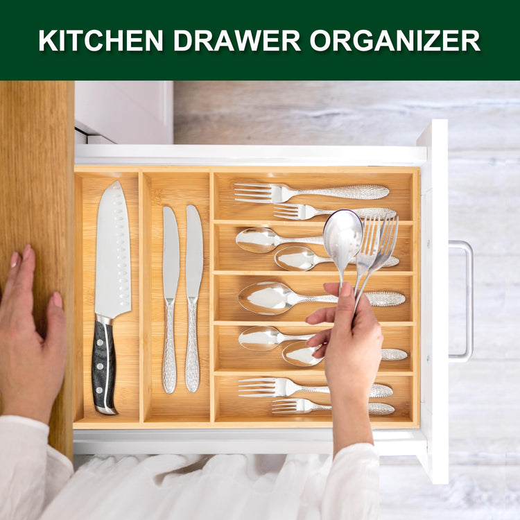 Utensil Organizer 13'' Silverware Drawer Organizer Cutlery Kitchen Bamboo