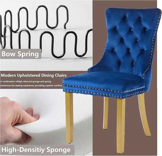 Velvet Dining Chairs Set of 4, Modern Tufted Dining Room Chair, Upholstered Dining Chairs with Lion Head Pulls Ring and Golden Solid Wood Legs, Luxury Kitchen Chairs for Dining Room, Blue