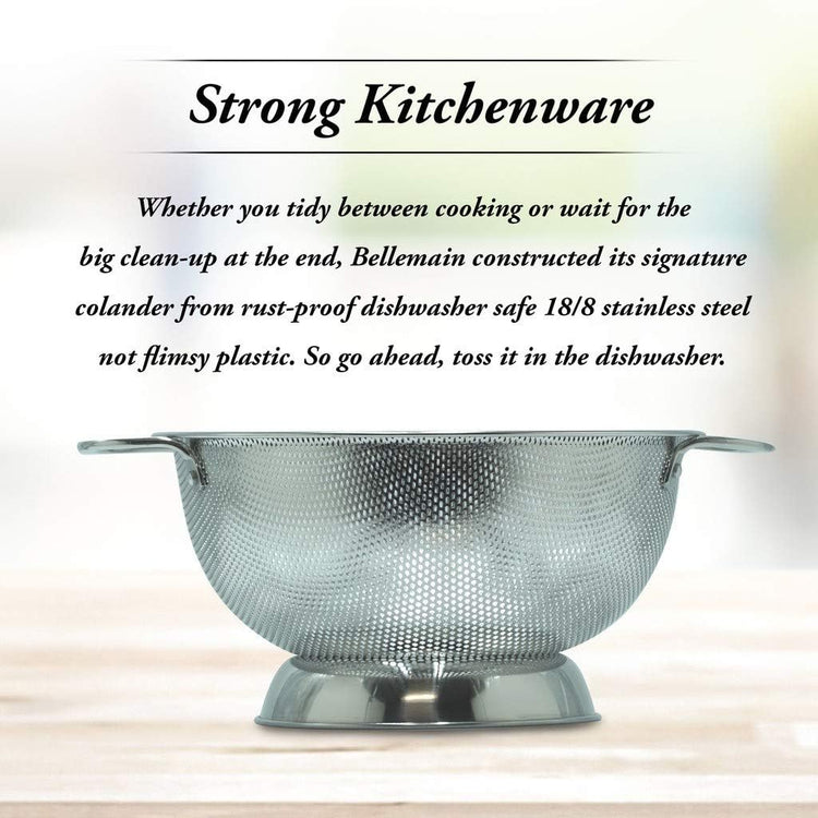 Bellemain 3 Qt Metal Colander with Handle | Pasta, Spaghetti, Berry, Fruit, Vegetable, Kitchen Food Strainer Basket | 18/8 Stainless Steel Colander Bowl | Pot Drainer for Cooking, Sifter Strainer