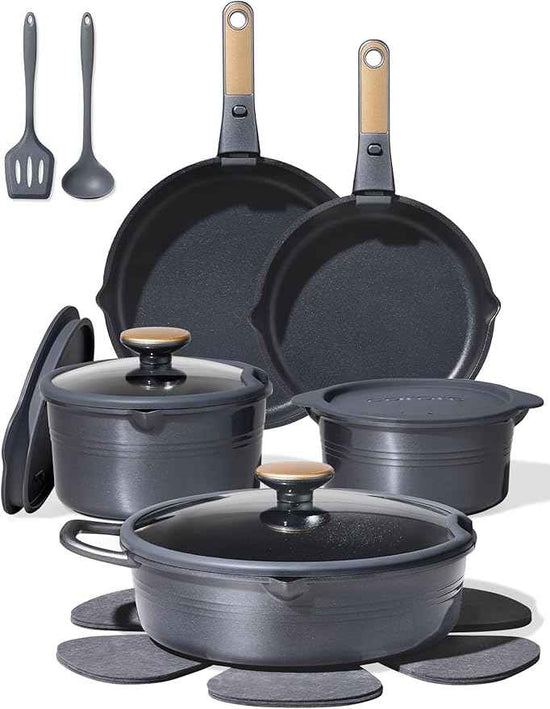 CAROTE 17Pcs Titanium Pots and Pans Set, Cookware Set Nonstick, Kitchen Cooking Set with Detachable Handle, RV/Camping Cookware, Dishwasher/Oven Safe, Grey