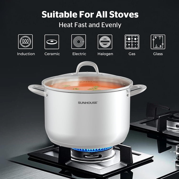 SUNHOUSE 13-Quart Stainless Steel Stockpot w/Tempered Glass Lid - Heavy-Duty, Food-Grade Cookware for Simmering, Boiling, and Induction Cooking - Exceptional Heat Distribution