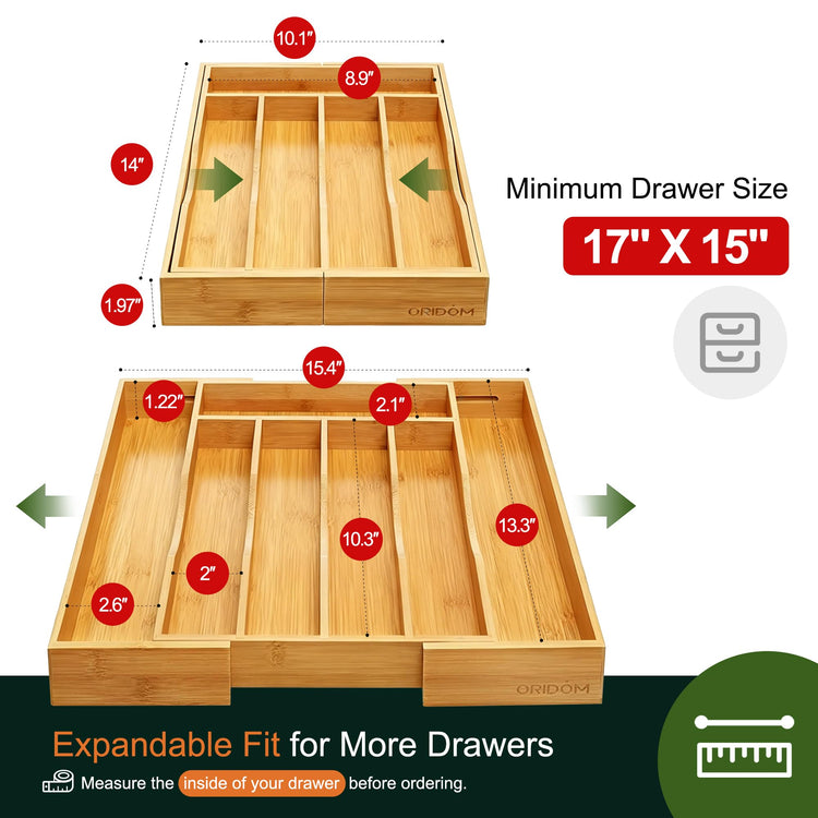 Expandable Bamboo Kitchen Drawer Organizer for Cutlery and Utensils