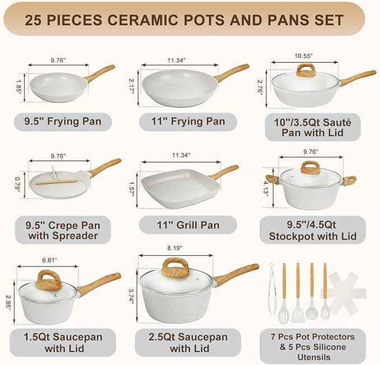 EWFEN Nonstick Pots and Pans Set, 25-Piece Ceramic Cookware Set, Induction Kitchen Cooking Set with Frying Pans Saucepans & Utensils, Healthy Non-toxic, PFAS/PTFE/PFOA Free, White