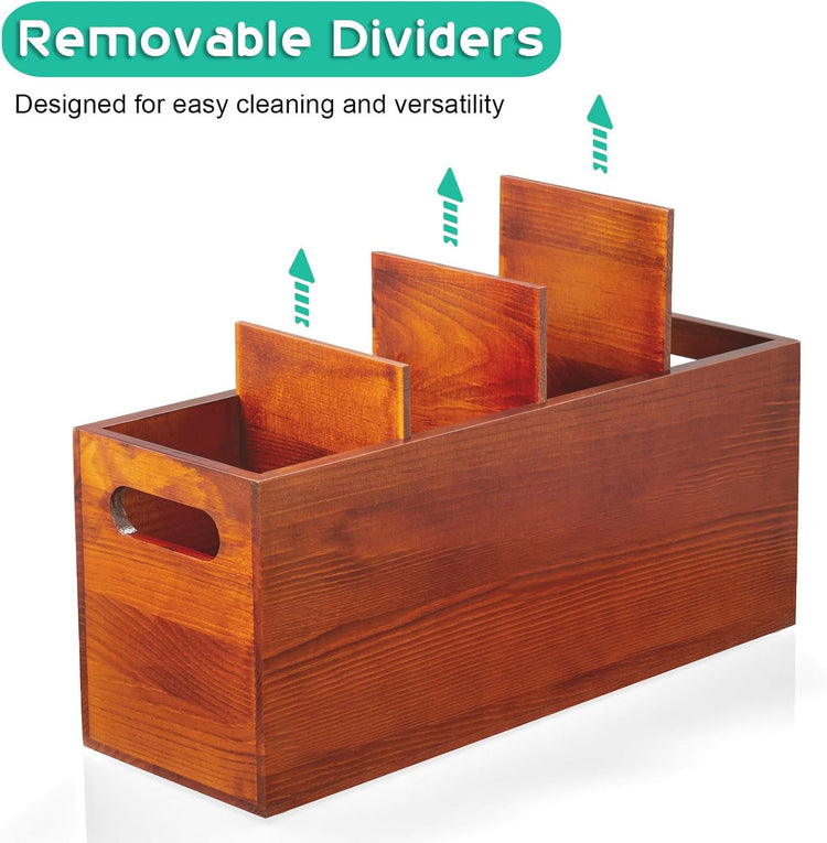 ALELION Large Utensil Holder with Removable Divider - 4 Compartment Wooden Utensil Caddy Organizer for Kitchen Counter - Brown Cooking Utensil Crock for Countertop