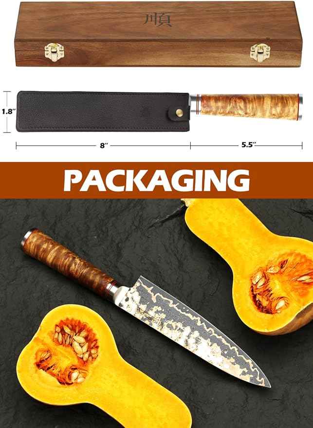 YOUSUNLONG Chef Knife - 8'' Blade Japanese Handmade Copper Damascus Steel - Professional Chef's Knife - Razor Sharp Slicing Knife - Naturel Burl Wooden Handle with Leather and Acacia Wood Box
