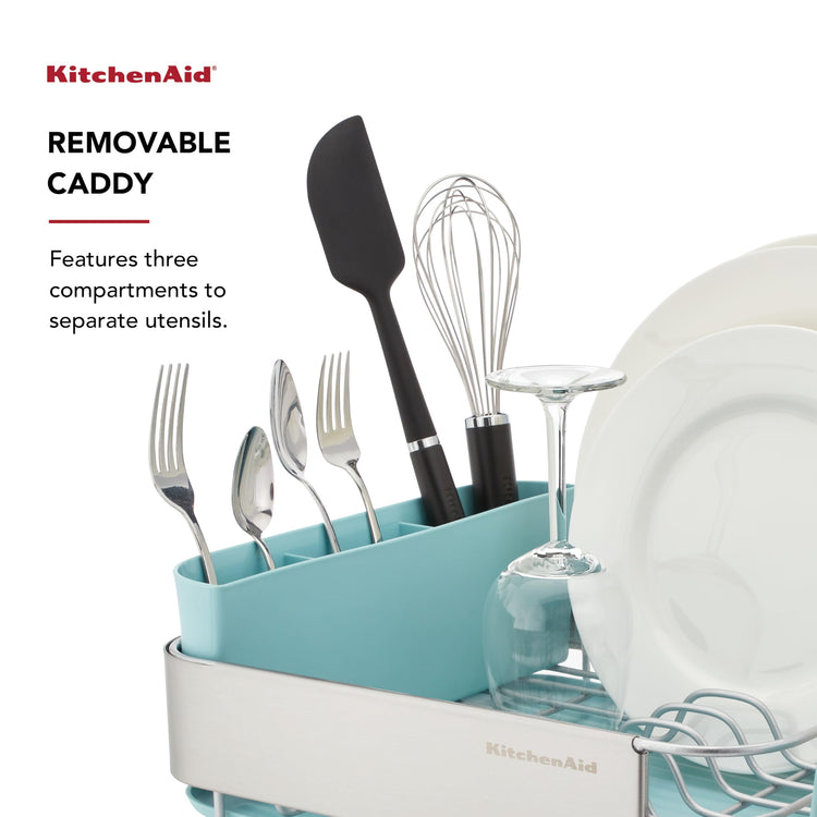 Compact Space Saving Rust Resistant Dish Rack with Removable Flatware Caddy and Angled Self Draining Drainboard