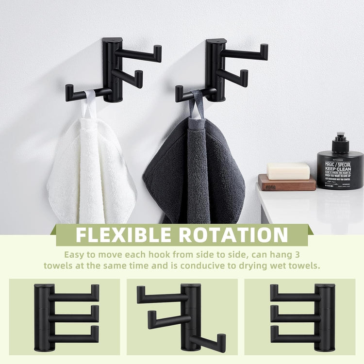 Suyar Towel Hook for Bathroom, SUS 304 Stainless Steel Swivel Coat Robe Holder with 3 Foldable Arms, Wall Hook Matte Black, 2 Pack