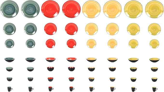 Stoneware Sonoma Dinnerware Set, Black + Speckled Spin Wash (56pc Set, Mix Blue, Green, Red, Yellow)