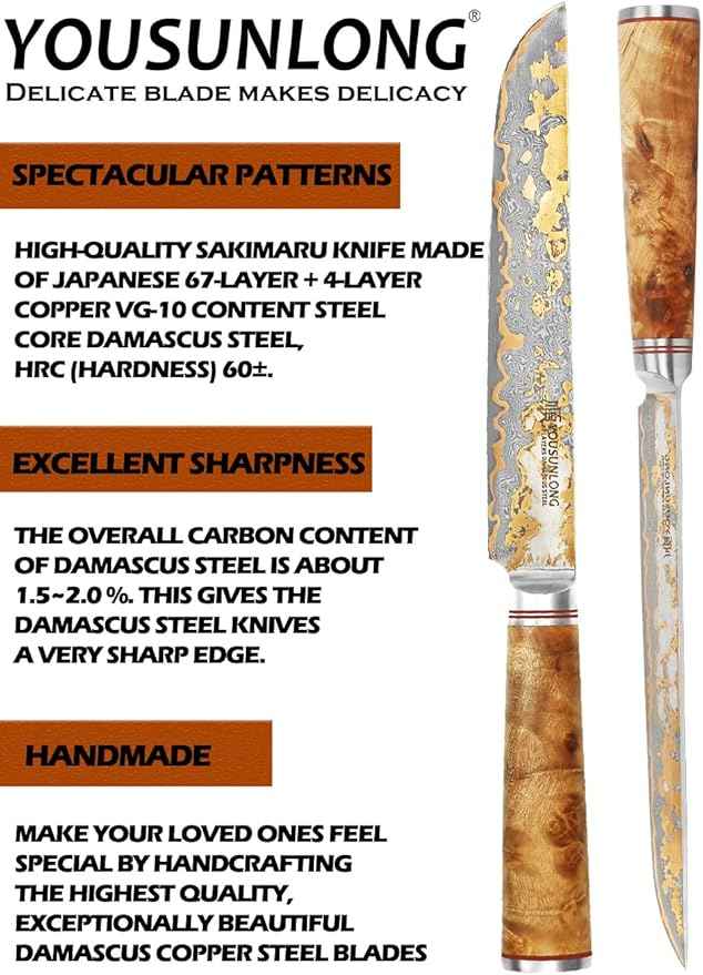 YOUSUNLONG Sakimaru Knife 8" - Japanese Sushi Knife - Handmade Copper Damascus Steel Carving Knives - Ultra Sharp Salmon Knife - Naturel Burl Wooden Handle with Leather