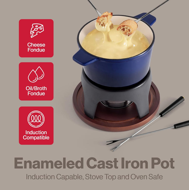 Swissmar Sierra Cast Iron Fondue Set, 1.6 Quart / 1.6 Liter – Perfect for Meat, Cheese, & Chocolate Fondues – Ideal for Family Bonding & Hosting Gifts - 12-Pieces, Deep Blue