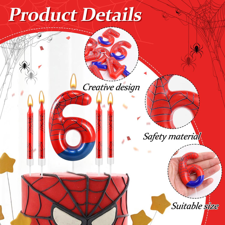 13 Pcs Spider Themed Birthday Candle Set Red Spider Theme Number 6 Candle Cake Topper for Boys Girls Birthday Decoration Spider Party Decoration Supplies (13 Count)