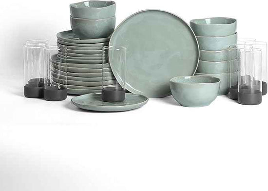 Stone Lain Mirella 32-Piece Dinnerware Set Stoneware, Borosilicate Glass, Light Green