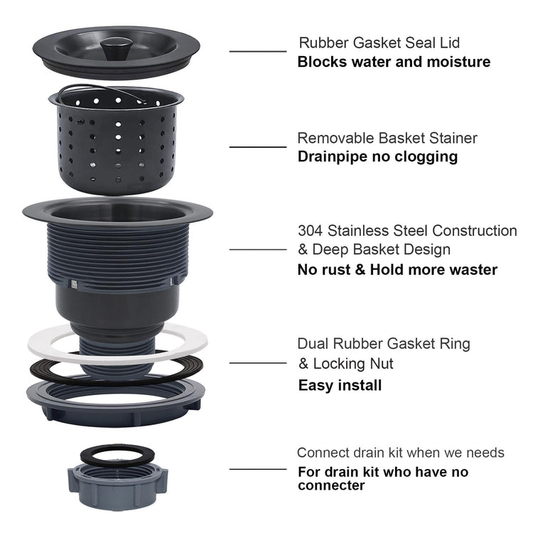 3-1/2-Inch Kitchen Sink Drain Strainer Assembly Kit Gunmetal Black, GZILA Deep Waste Basket Strainer with Sealing Lid Sink Stopper, Dark Gray 304 Stainless Steel
