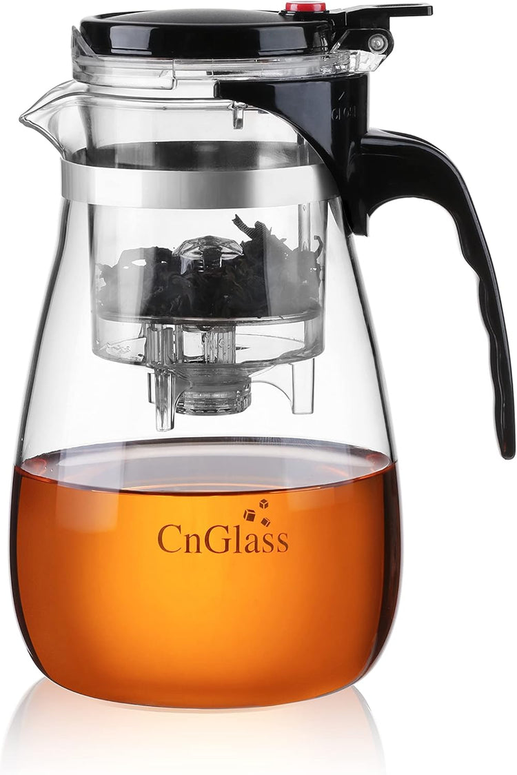 CNGLASS Glass Teapot with Removable Infuser,30.5oz Clear Tea Kettle with One Button Press to Filter the Tea Soup,Loose Leaf and Blooming Tea Maker