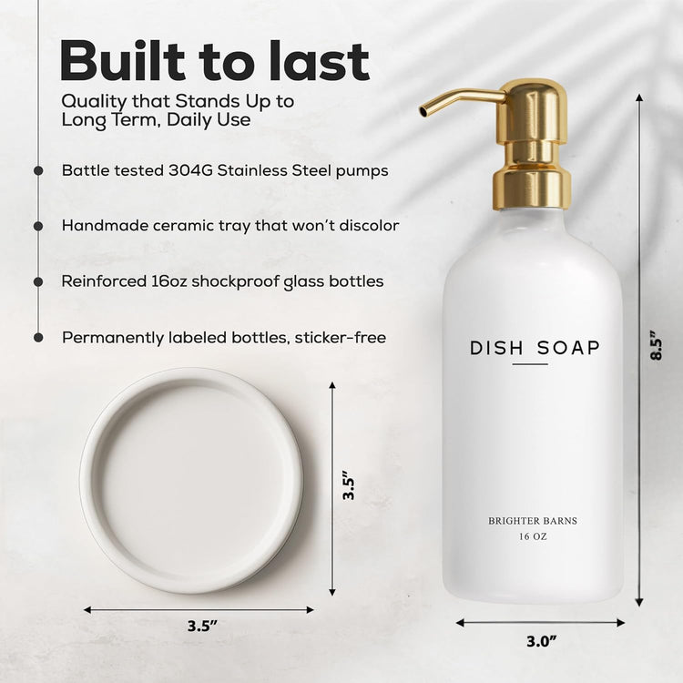 Luxury Glass Dish Soap Dispenser for Kitchen Sink by Brighter Barns - Modern Kitchen Soap Dispenser Set - Refillable Glass Pump Bottle and Tray - White and Gold Home Decor and Accessories, Gift (Gold)