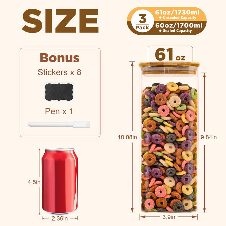Glass Food Storage Jars Square 61oz (3 Count)