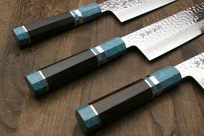 Yoshihiro VG-10 46 Layers Hammered Damascus Nakiri Japanese Vegetable Knife Octagonal Turquoise Blue Handle (6.5'' (165mm))