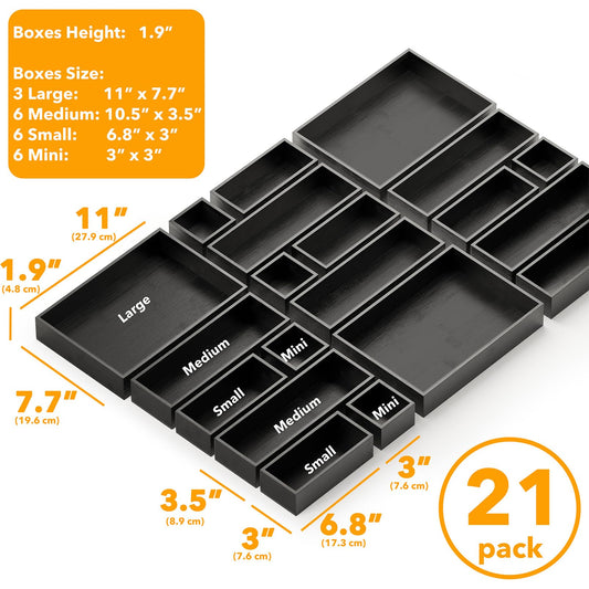 21 Piece Bamboo Drawer Organizer Storage Boxes Set