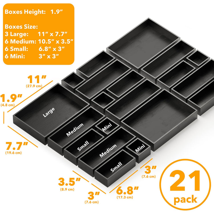 21 Piece Bamboo Drawer Organizer Storage Boxes Set