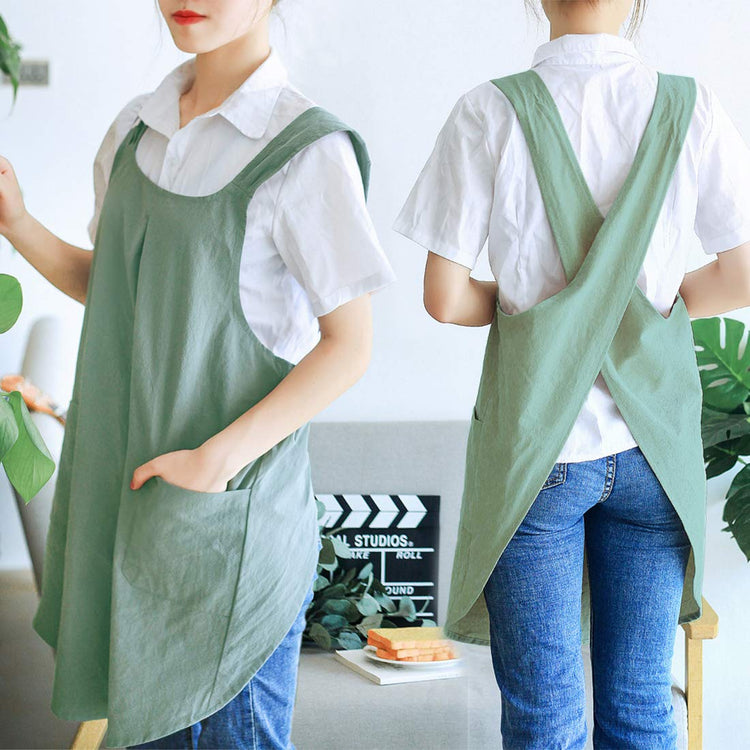 Japanese Linen Cross Back Kitchen Cooking Aprons for Men with Pockets for Baking Painting Gardening Cleaning Light Green