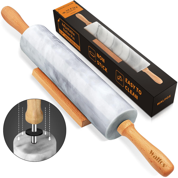 Marble Rolling Pin With Wooden Handles & Wood Cradle